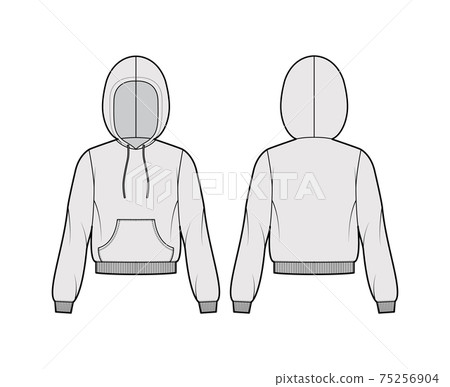 Hoody sweatshirt technical fashion illustration with long sleeves, relax body, kangaroo pouch, knit rib cuff, banded hem 75256904