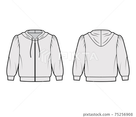 Zip-up Hoody sweatshirt technical fashion illustration with elbow sleeves, relax body, banded hem, drawstring Flat small 75256908