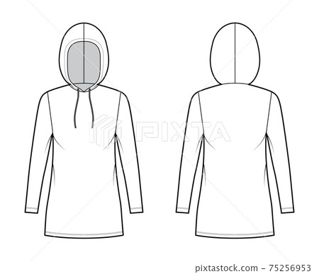 Hoody dress technical fashion illustration with long sleeves, mini length, oversized body, Pencil fullness. Flat sweater 75256953