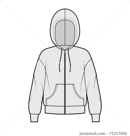 Zip-up Hoody sweatshirt technical fashion illustration with long sleeves, oversized body, kangaroo pouch, drawstring 75257009