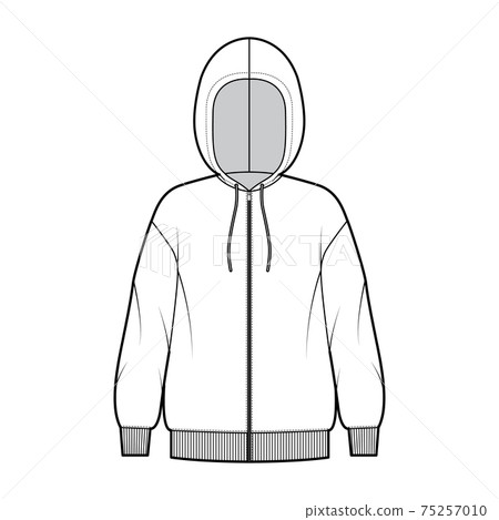Zip-up Hoody sweatshirt technical fashion illustration with long sleeves, oversized body, knit rib cuff, banded hem Flat 75257010