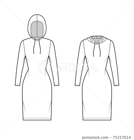 Set of Hoody dresses technical fashion illustration with long sleeves, knee length, fitted body, Pencil fullness. Flat  75257014