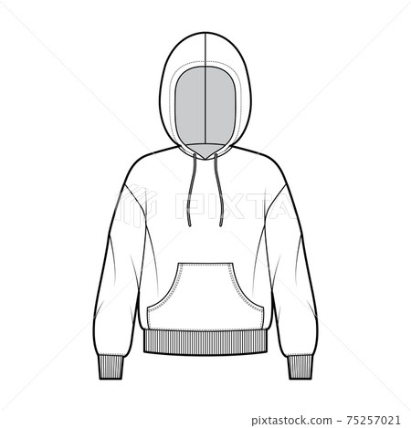Hoody sweatshirt technical fashion illustration with long sleeves, oversized body, kangaroo pouch, rib cuff, banded hem Hoody sweatshirt technical fashion illustration with long sleeves, oversized body, kangaroo pouch, rib cuff, banded hem 75257021