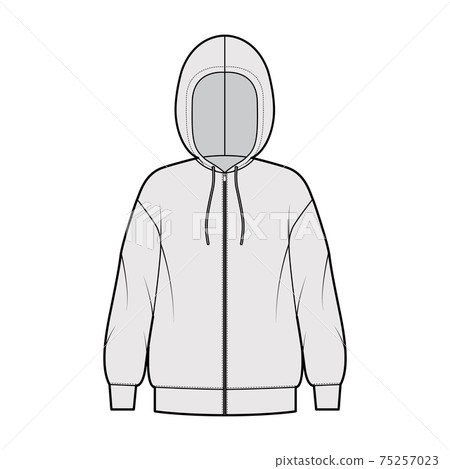Zip-up Hoody sweatshirt technical fashion illustration with long sleeves, oversized body, drawstring. Flat extra large 75257023