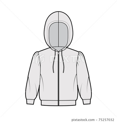 Zip-up Hoody sweatshirt technical fashion illustration with elbow sleeve, relax body, banded hem, drawstring. Flat small 75257032