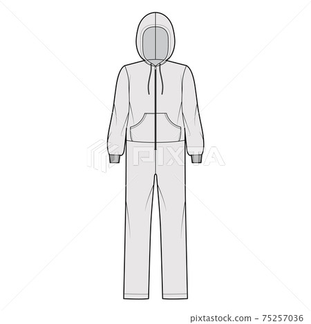 Onesie overall jumpsuit sleepwear technical fashion illustration with full length, hood, zipper closure, kangaroo pouch Onesie overall jumpsuit sleepwear technical fashion illustration with full length, hood, zipper closure, kangaroo pouch 75257036