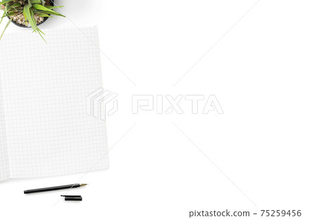 Blank notebook with grid lines with pen is on top of white table. Top view with copy space, flat lay. Blank notebook with grid lines with pen is on top of white table. Top view with copy space, flat lay. 75259456