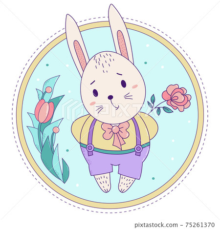 Cute rabbit. Easter bunny boy in pants on suspenders with a rose on a decorative floral background. Vector illustration. Happy Easter greeting card 75261370