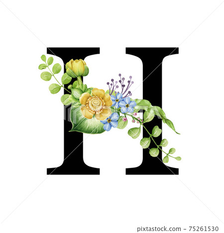 Floral spring alphabet. Capital letter H. Font element with spring garden flower bouquets composition. Flower letter. Wedding invitations, baby shower, birthday, other ideas. On white background 75261530