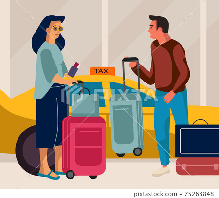 Woman gets into taxi. Cartoon chauffeur and passenger with luggage standing near ordered automobile. Driver helping tourist with suitcases. Travel to airport by car. Vector illustration 75263848