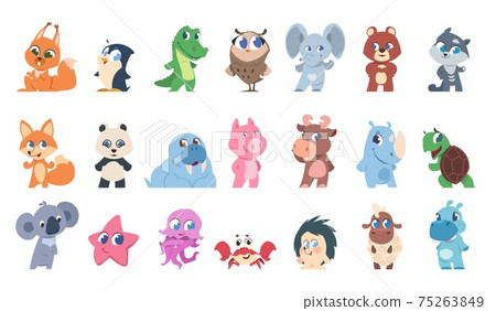 Cute animals. Funny wild and domestic little creatures. Cartoon hedgehog or hippo, walrus and crab. Collection of colorful characters living in forest, jungle or sea. Vector fauna set 75263849