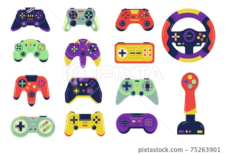 Joysticks. Cartoon controllers for video gaming. Colorful gamepads control character and transport or aircraft. Isolated wireless devices with buttons. Vector gadgets set for games Joysticks. Cartoon controllers for video gaming. Colorful gamepads control character and transport or aircraft. Isolated wireless devices with buttons. Vector gadgets set for games 75263901