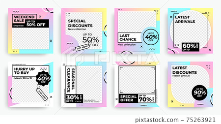 Square fashion banners. Sale promotion abstract post template. Memphis web flyers of special discount. Geometric frames with color gradient and copy space. Vector online advertising 75263921