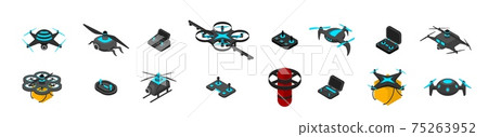 Drones. Modern flying unmanned electronic devices. UAV for panoramic photo or video shooting from above and parcels delivery. Wireless controllers. Vector gadgets with propellers set Drones. Modern flying unmanned electronic devices. UAV for panoramic photo or video shooting from above and parcels delivery. Wireless controllers. Vector gadgets with propellers set 75263952