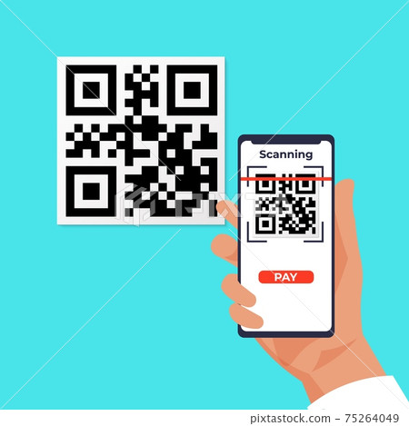 QR wireless payment. Cartoon hand holding smartphones and scanning barcode. Mobile application for transferring money. Person pays by Quick Response Code. Vector contactless transaction QR wireless payment. Cartoon hand holding smartphones and scanning barcode. Mobile application for transferring money. Person pays by Quick Response Code. Vector contactless transaction 75264049