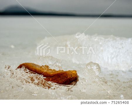 elting ice on the beach. Bizarre patterns of ice blocks in green water. 75265408