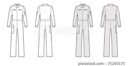Boilersuit coverall Dungaree jumpsuit technical fashion illustration with full length, normal waist, pocket, long sleeve 75265575
