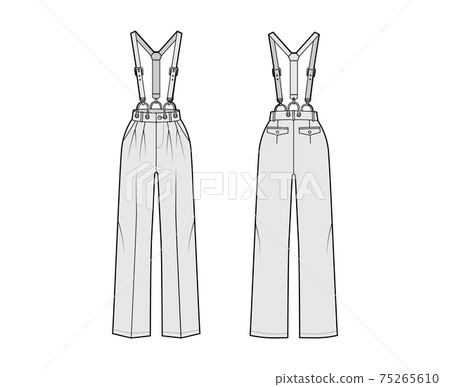 Suspender Pants Dungarees technical fashion illustration with full length, normal waist, high rise, pocket. Flat apparel 75265610