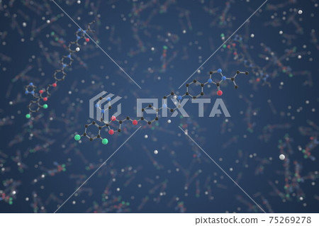 Itraconazole molecule. Ball-and-stick molecular model. Chemistry related 3d rendering 75269278