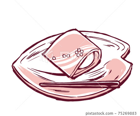 在櫻花花瓣形板上飾有花筏圖案的konashi和用畫筆繪製並塗有兩種顏色的朱紅色彩繪的糖果牙籤 75269883