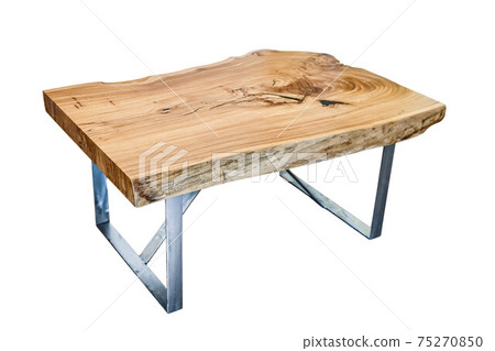 Live edge elm slab coffee table with metal base on white background Live edge elm slab coffee table with metal base on white background 75270850