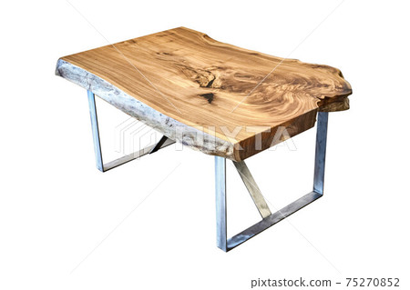 Live edge elm slab coffee table with metal base on white background Live edge elm slab coffee table with metal base on white background 75270852