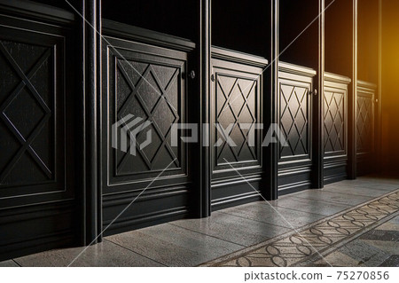 Elegant black antique shelving in gothic style in room Elegant black antique shelving in gothic style in room 75270856