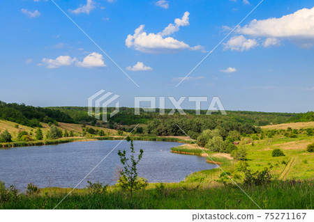 Summer landscape with beautiful lake, green meadows, hills, trees and blue sky 75271167