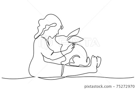 Happy Easter. Girl sitting with rabbit. Continuous one line drawing Happy Easter. Girl sitting with rabbit. Continuous one line drawing 75272970