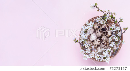 Quail easter eggs in a basket with flowers on a pink background. Horizontal photograph. Top view Quail easter eggs in a basket with flowers on a pink background. Horizontal photograph. Top view 75273157