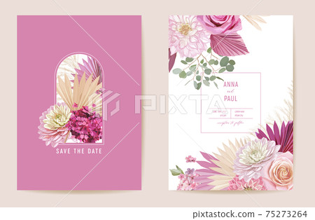Wedding dried rose, dahlia, pampas grass floral Save the Date set. Vector exotic dry flower, palm leaves boho Wedding dried rose, dahlia, pampas grass floral Save the Date set. Vector exotic dry flower, palm leaves boho 75273264