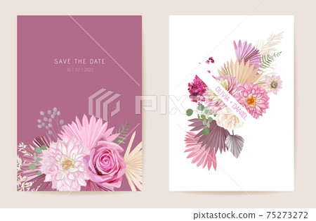 Watercolor rose, pampas grass, dahlia floral wedding card. Vector exotic flower, tropical palm leaves invitation 75273272
