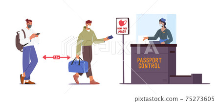 Registration in Airport Passport Control during Covid Pandemic. Passengers Characters in Medic Masks Stand in Queue 75273605