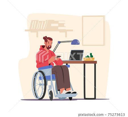 Handicapped Male Character on Wheelchair at Home Looking on Screen of Smartphone Writing Message or Watch Video on Phone Handicapped Male Character on Wheelchair at Home Looking on Screen of Smartphone Writing Message or Watch Video on Phone 75273613