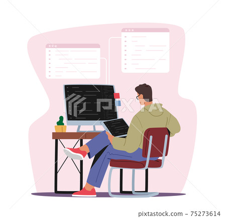 Programmer Male Character Working on Computer and Tablet Pc Coding, Creating New Website, Software or Application Programmer Male Character Working on Computer and Tablet Pc Coding, Creating New Website, Software or Application 75273614