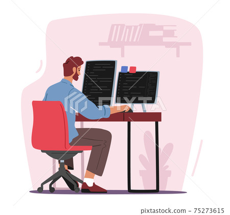 Website Programming Concept. Programmer or Designer Male Character Working on Computer and Tablet Pc Coding 75273615