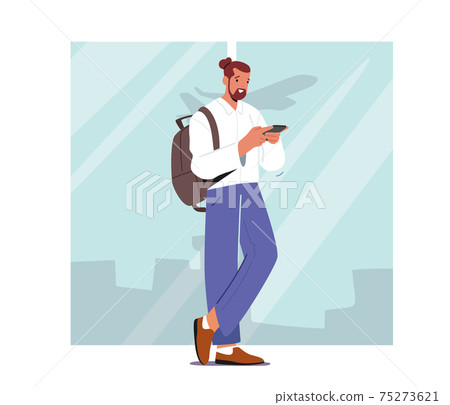 Young Male Character Hold Smartphone and Luggage Backpack Waiting Plane Registration or Airplane Boarding in Airport 75273621