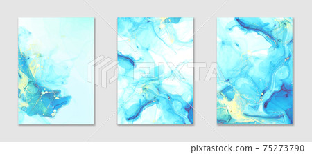 Abstract blue liquid watercolor background with golden stains. Alcohol ink drawing effect. Turquoise geode with kintsugi. Vector illustration design template for wedding invitation 75273790