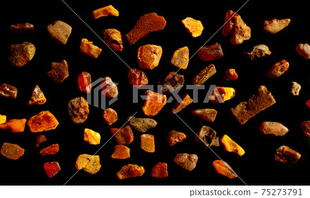 Shiny yellow gold amber stone isolated on black background. Found near Kaliningrad city, Baltic sea, Russia. For cosmetic or medicine articles, mineralogy websites, natural science museum wall chart 75273791