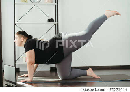 Overweight woman doing physical exercises at home Overweight woman doing physical exercises at home 75273944