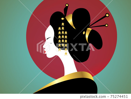 portrait of the young Japanese girl ancient hairstyle. Geisha, maiko, princess. Traditional Asian woman style. Print, poster, t-shirt, card. Vector illustration isolated on red moon vintage background portrait of the young Japanese girl ancient hairstyle. Geisha, maiko, princess. Traditional Asian woman style. Print, poster, t-shirt, card. Vector illustration isolated on red moon vintage background 75274451