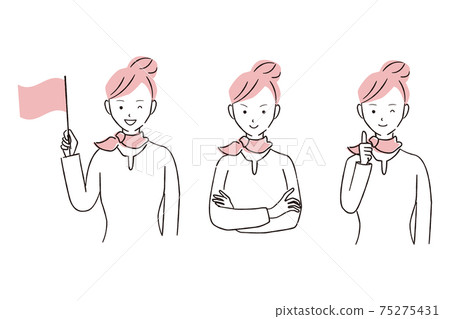 Hand-painted 1color illustration Cabin attendant Flag waving and troubled tour conductor female whole body Hand-painted 1color illustration Cabin attendant Flag waving and troubled tour conductor female whole body 75275431