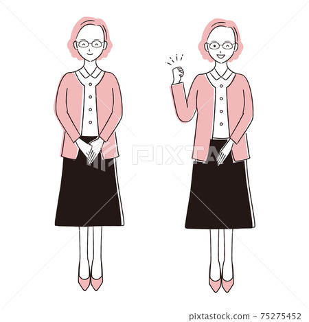 Hand-painted 1color illustration, serious glasses woman, whole body, smile, guts pose 75275452