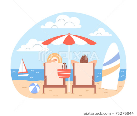 Sunbathing couple man, woman with beach umbrella, deck chairs relax at blue ocean seaside landscape. Summer family holidays. Cartoon vacation season sea leisure concept Flat travel illustration Sunbathing couple man, woman with beach umbrella, deck chairs relax at blue ocean seaside landscape. Summer family holidays. Cartoon vacation season sea leisure concept Flat travel illustration 75276844