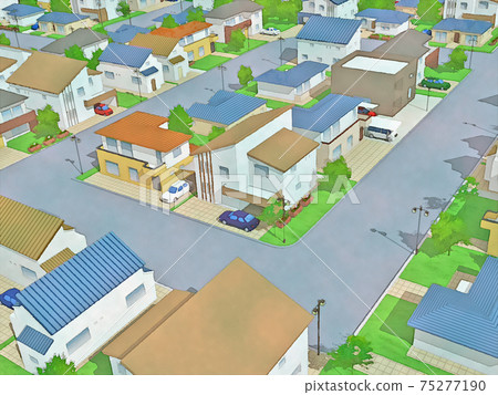 Overlooking residential area, watercolor style, hand-drawn style illustration 75277190