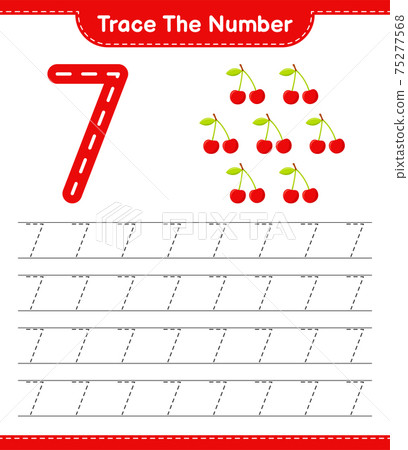 Trace the number. Tracing number with Cherry. Educational children game, printable worksheet, vector illustration Trace the number. Tracing number with Cherry. Educational children game, printable worksheet, vector illustration 75277568