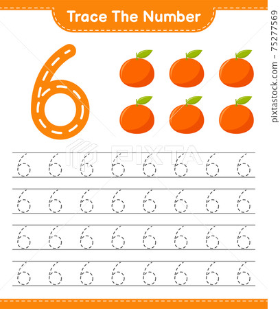 Trace the number. Tracing number with Tangerin. Educational children game, printable worksheet, vector illustration Trace the number. Tracing number with Tangerin. Educational children game, printable worksheet, vector illustration 75277569