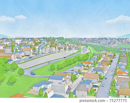 居住區景觀水彩風格手繪風格插畫 居住區景觀水彩風格手繪風格插畫 75277775