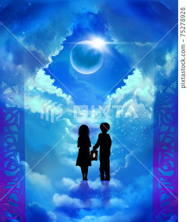 樓梯的剪紙插圖，由通向神秘大門和迷路兄弟後的天堂的雲層製成 75278928