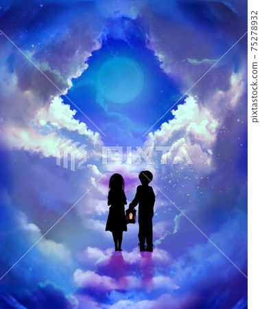 樓梯的剪紙插圖，由通向神秘大門和迷路兄弟後的天堂的雲層製成 75278932